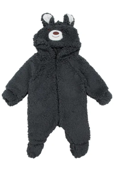 Unisex Füme Ayı Nakışlı Kapşonlu Peluş Tulum