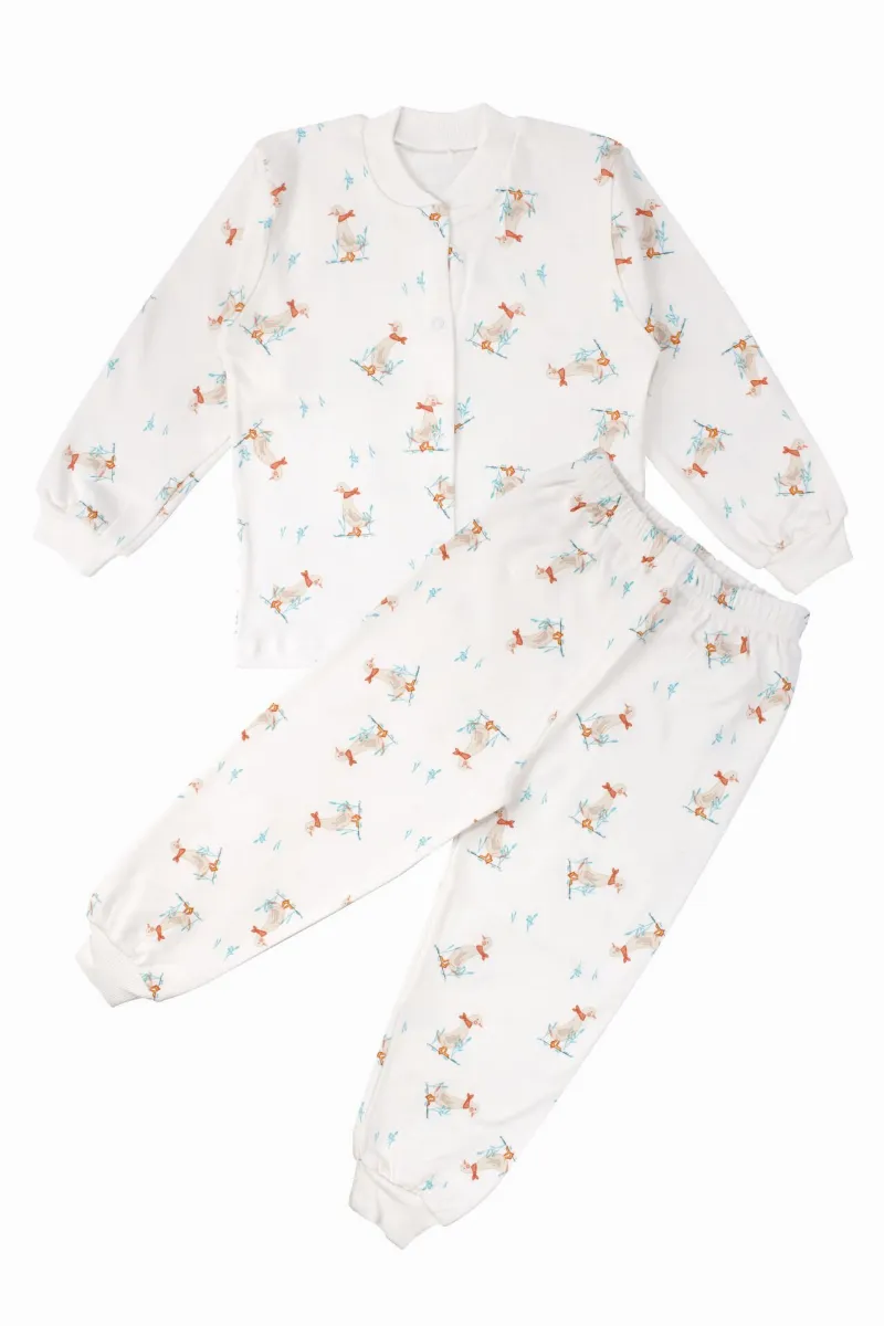 Unisex Ekru Ördek Desenli Çıtçıtlı Pijama Takımı