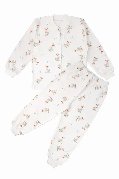 Unisex Ekru Ördek Desenli Çıtçıtlı Pijama Takımı