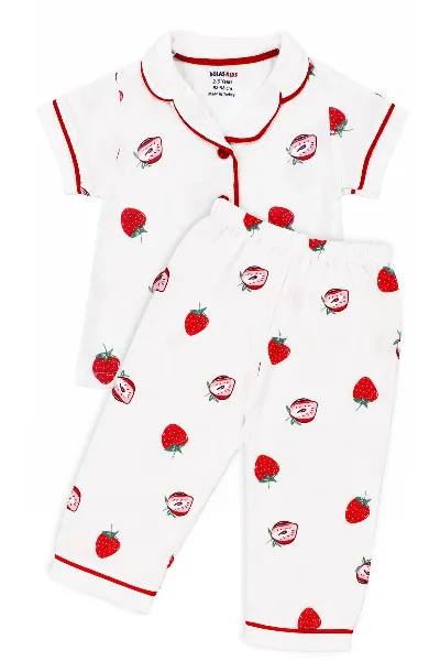 Kız Bebek Beyaz Kırmızı Çilek Baskılı Müslin Pijama Takımı