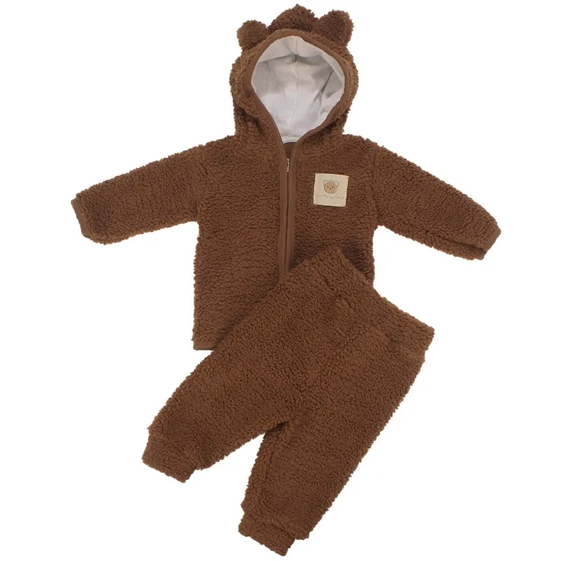 Unisex Kahve Peluş Kulaklı Kapşonlu Hırkalı İkili Takım