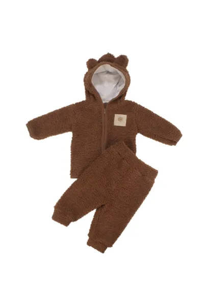 Unisex Kahve Peluş Kulaklı Kapşonlu Hırkalı 2'li Takım