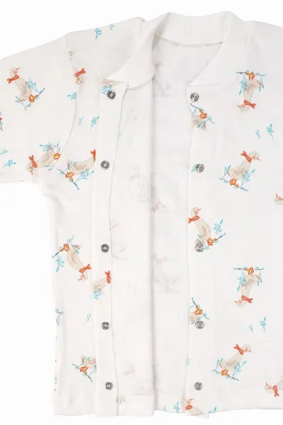 Unisex Ekru Ördek Desenli Çıtçıtlı Pijama Takımı