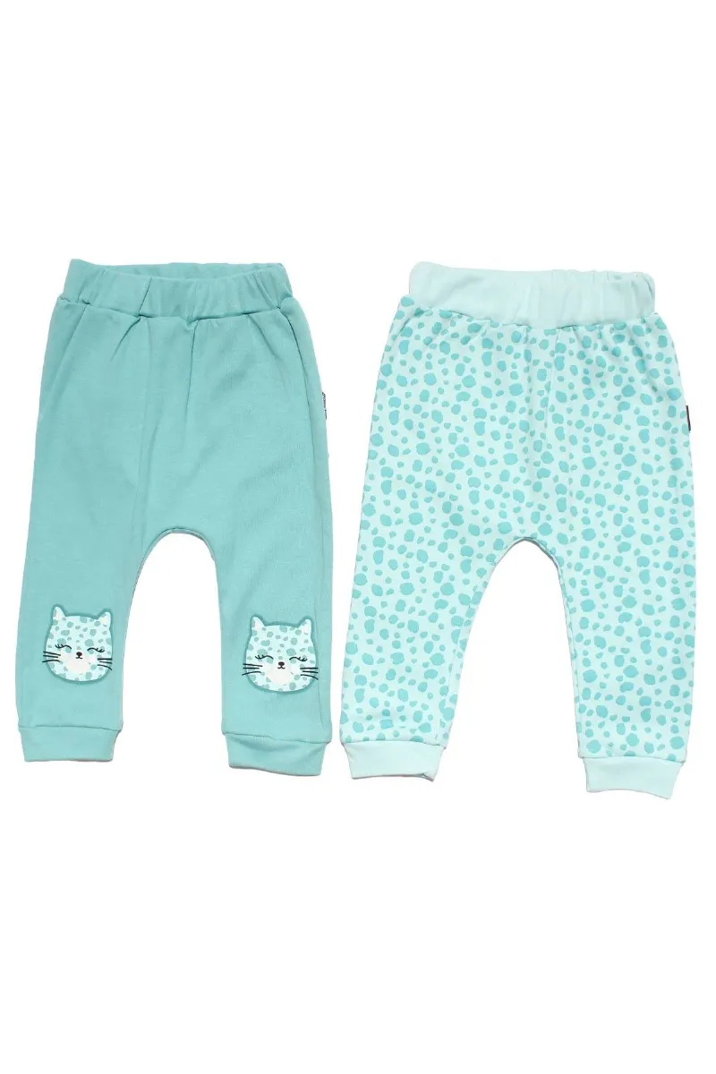 Kız Bebek Yeşil Kedi Baskılı Leopar Desenli 2'li Tek Alt Set
