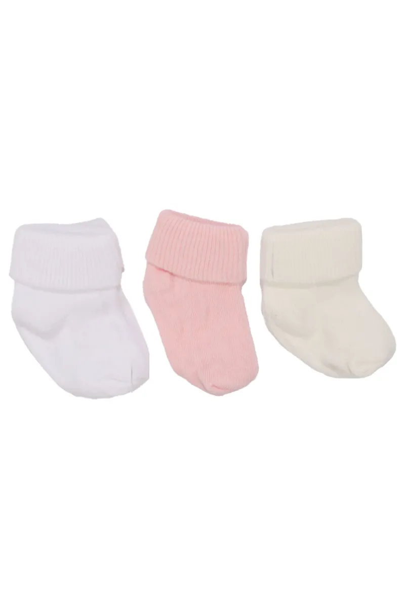 Unisex Pembe Beyaz Ekru Kıvrık 3'lü Çorap 0-6 Ay