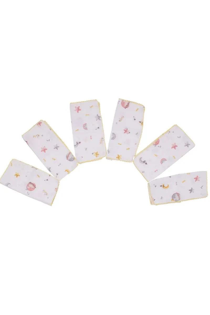 Unisex Sarı Biyeli Kırmızı Yıldız Desenli 28x28 6'Lı Müslin Ağız Mendili