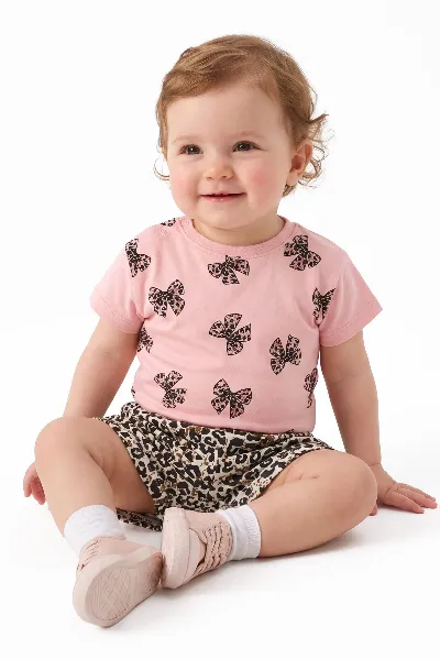 Kız Bebek Pembe Leoparlı Fiyonk Desenli Şortlu 2'li Takım
