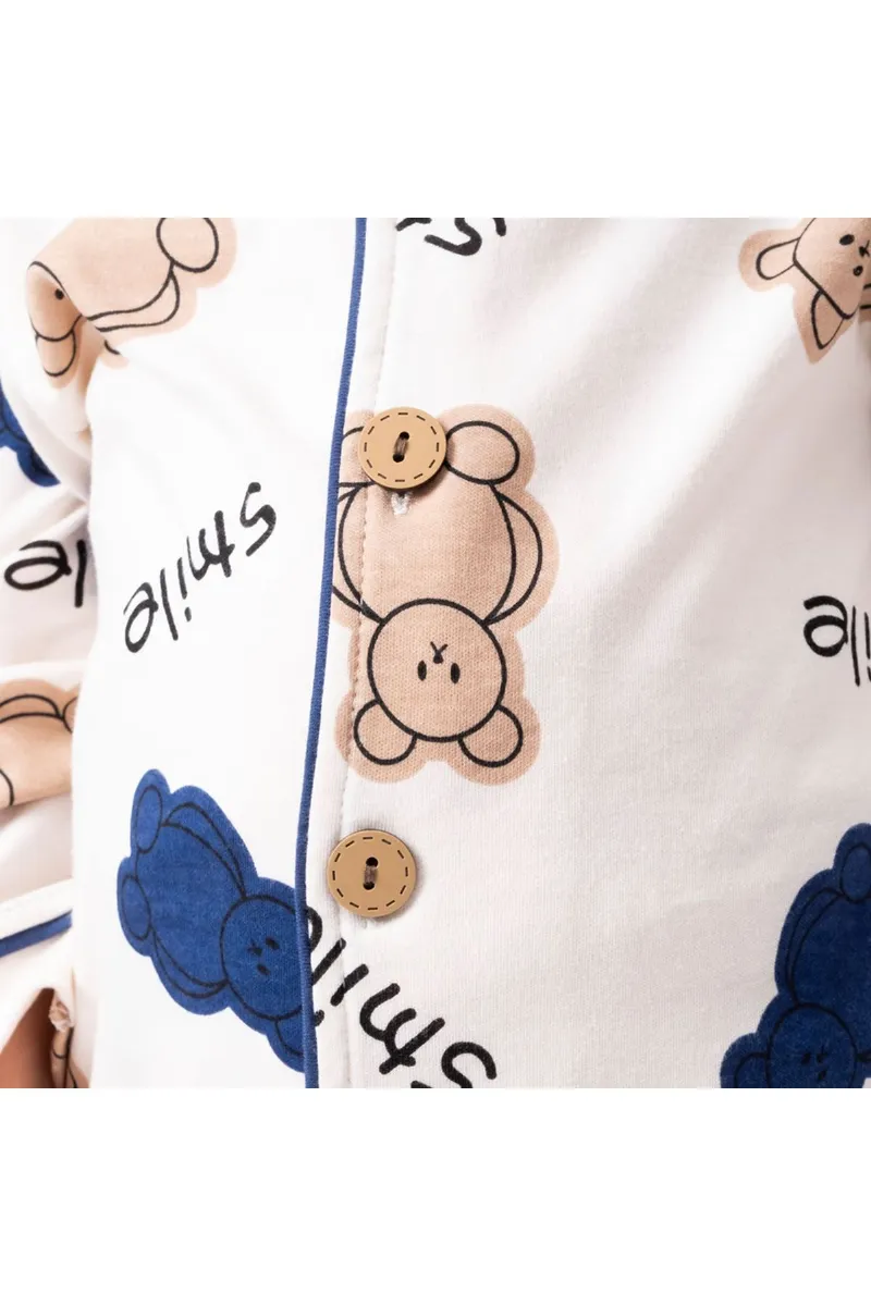 Kadın Anne Ekru Kahve Laci Biyeli Smile Yazılı Ayıcık Desenli Kruvaze Yaka Pijama Takımı