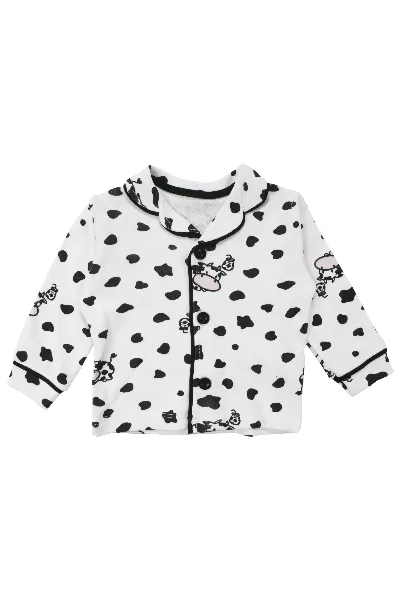 Unisex Ekru Siyah İnek Desenli Kruvaze Yaka Pijama Takımı