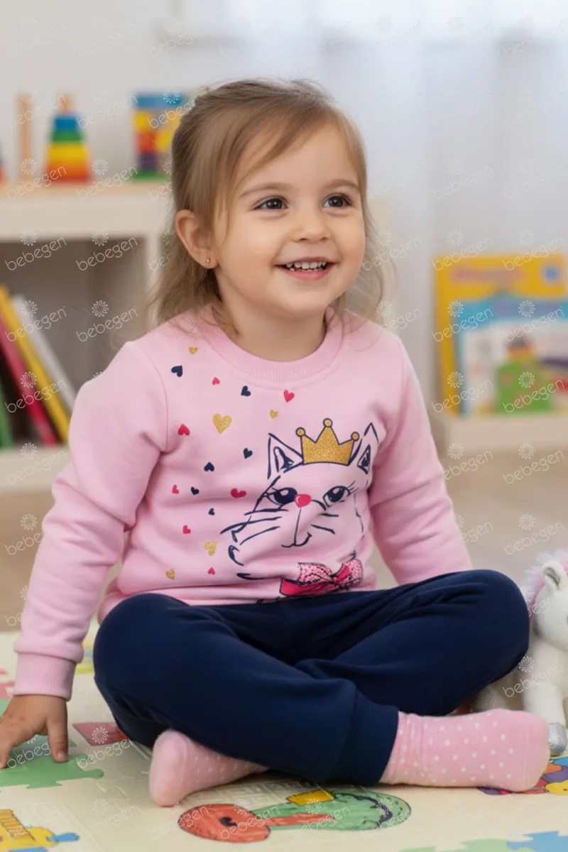Kız Bebek Pembe Lacivert Kedi Baskılı 2'li Takım
