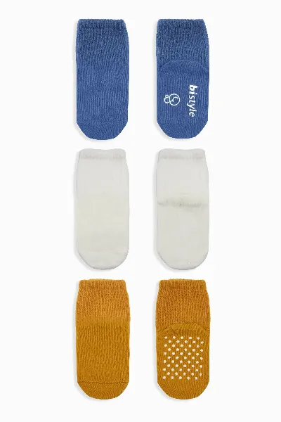 Bistyle 3lü Basic Kaymaz Penye Soket Çorap 10107 İndigo Ekru Hardal