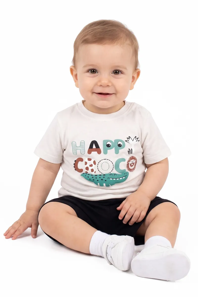 Erkek Bebek Ekru Siyah Happy Timsahlı Şortlu 2'li Takım
