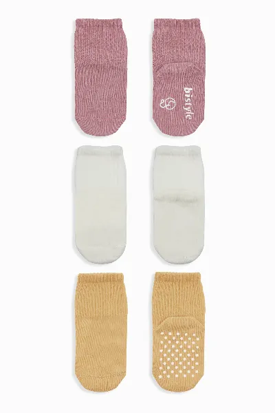 Bistyle Basic Kaymaz Penye Soket Çorap 3'Lü BS10106 Pudra Ekru Somon