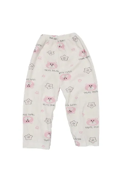 Kız Çocuk Beyaz Pembe Yıldızlı Ayılı Desenli 2'li Pijama Takımı