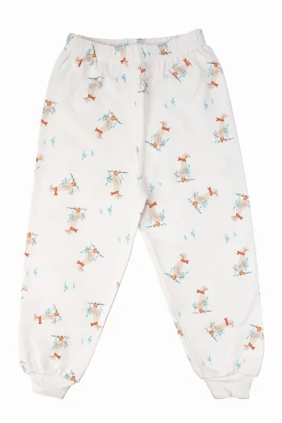 Unisex Ekru Ördek Desenli Çıtçıtlı Pijama Takımı