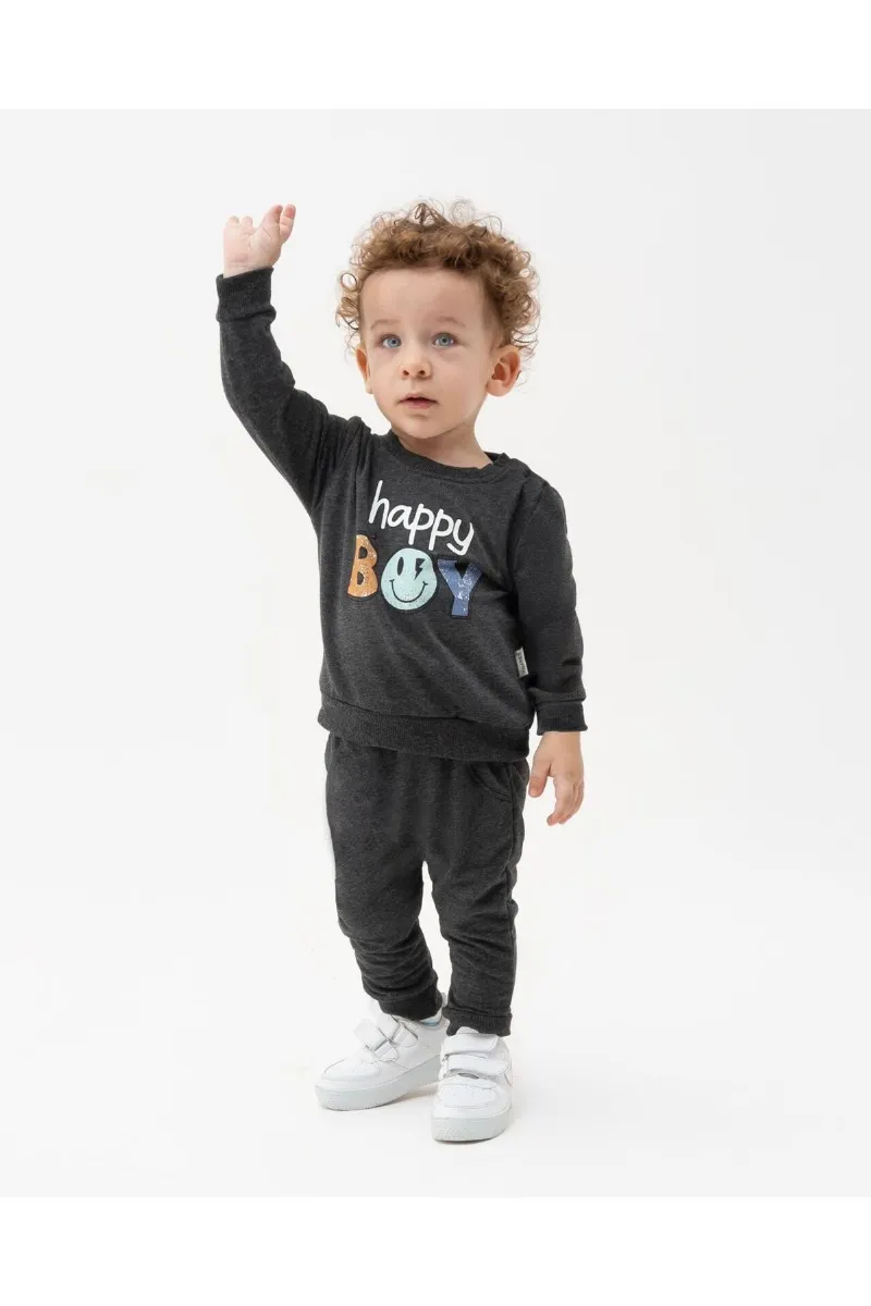 Erkek Bebek Antrasit Gri Happy Boy Yazılı 2'li Takım