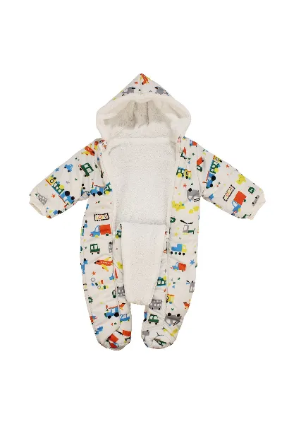 Erkek Bebek Beyaz Renkli Araba Uçak Desenli Çift Fermuarlı İçi Peluş Patikli Kozmonot