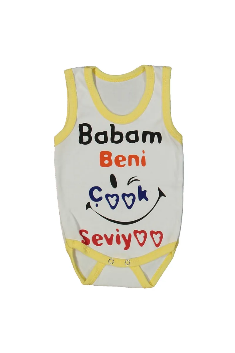 Unısex Beyaz Sarı Biyeli Babam Beni Seviyor Yazılı Askılı Zıbın