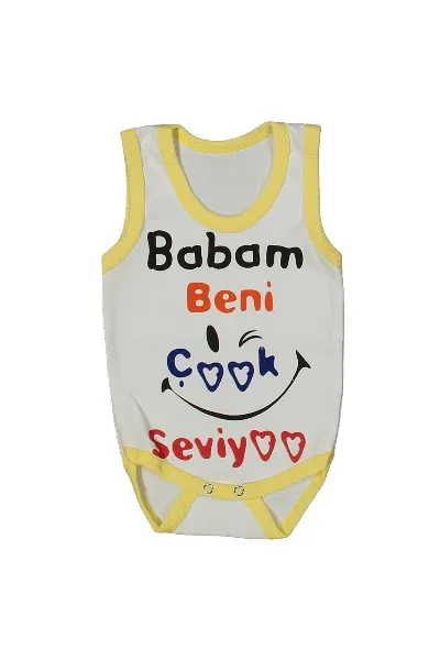 Unısex Beyaz Sarı Biyeli Babam Beni Seviyor Yazılı Askılı Zıbın