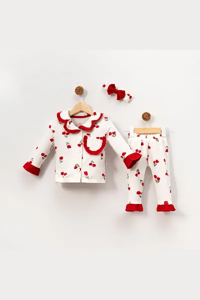 Kız Çocuk Ekru Kırmızı Lale Desenli Fırfırlı Bandanalı Pijama Takımı