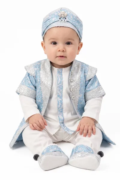 Sultan Mavi Gümüş İşlemeli Bebek Mevlüt Takımı