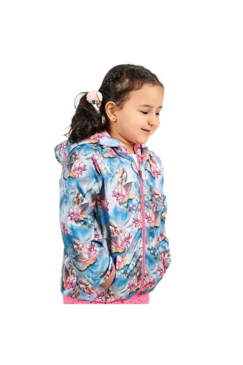 Kız Çocuk Mavi Pembe Çiçek Desenli İçi Polar Yağmurluk