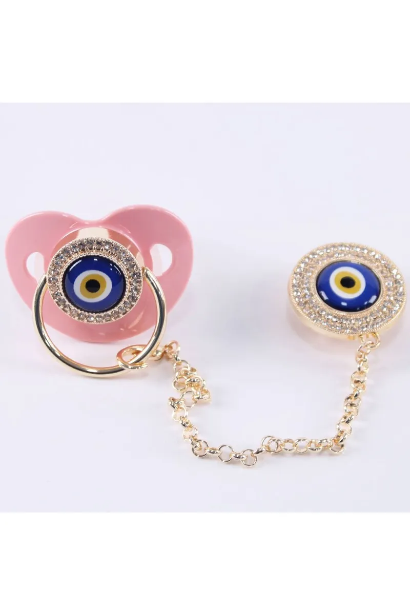 Pembe Gold Nazar Boncuklu Taşlı Zincirli Emzik