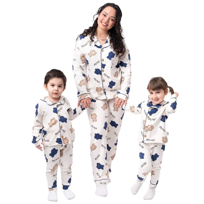 Kadın Anne Ekru Kahve Laci Biyeli Smile Yazılı Ayıcık Desenli Kruvaze Yaka Pijama Takımı
