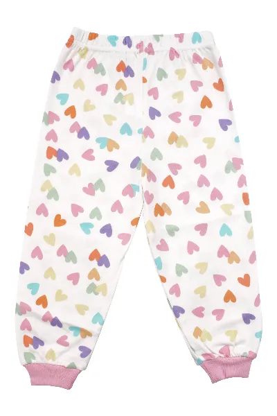 Kız Çocuk Ekru Pembe Renkli Kalpli Desenli Çıtçıtlı Pijama Takımı