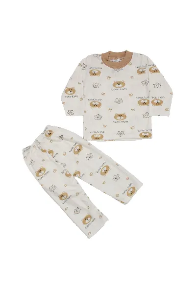 Erkek Çocuk Beyaz Kahve Yıldızlı Ayılı Desenli 2'li Pijama Takımı
