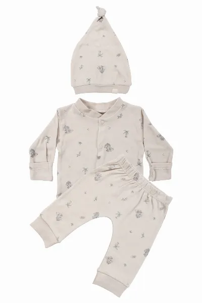 Unisex Bej Koala Desenli Organik Üçlü Pijama Takımı
