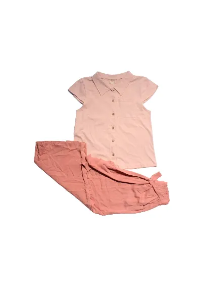 Kız Çocuk Pembe Bağmalalı Kumaş  Pantolonlu 2 li Takım