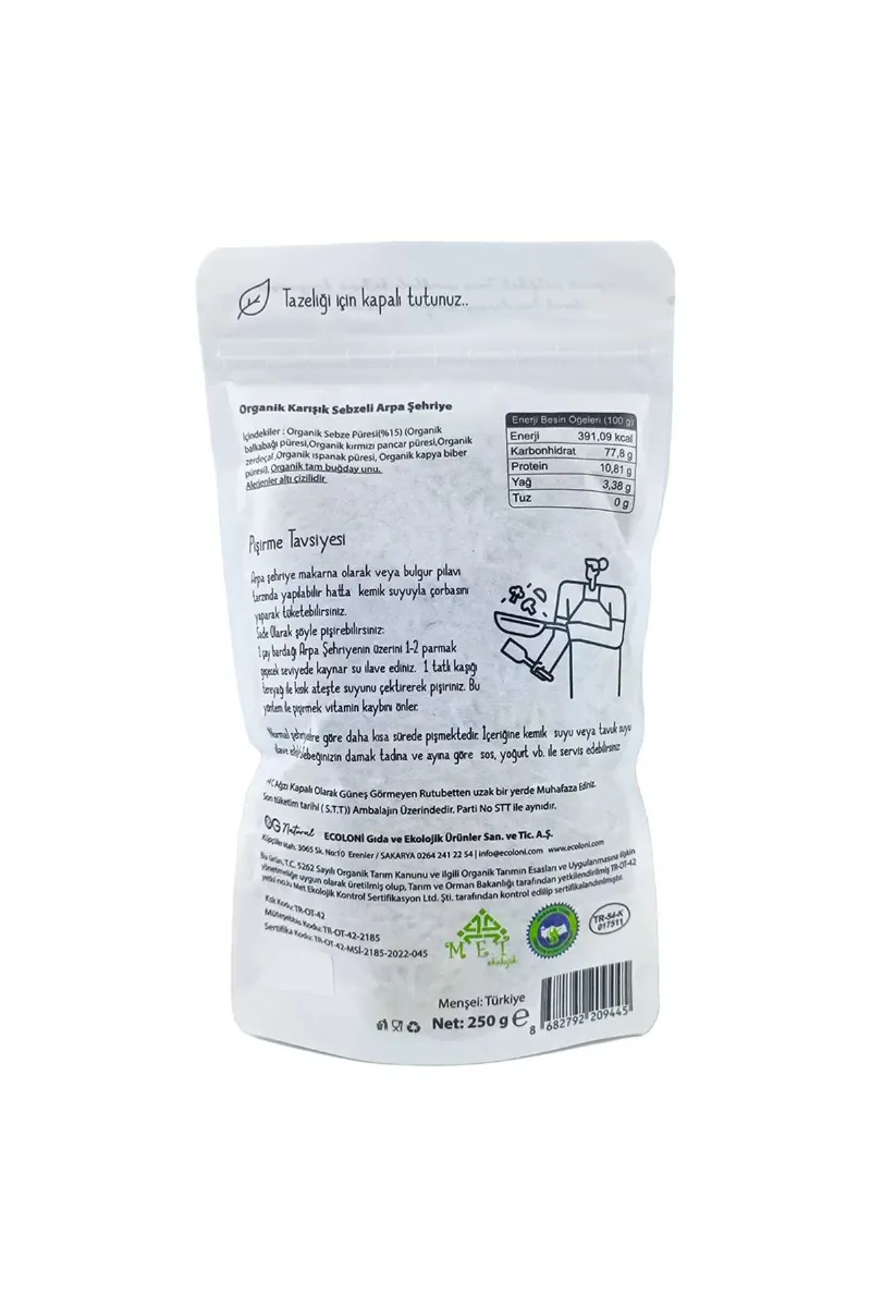 OG Natural Organik Karışık Sebzeli Tam Buğday Arpa Şehriye 250 Gr