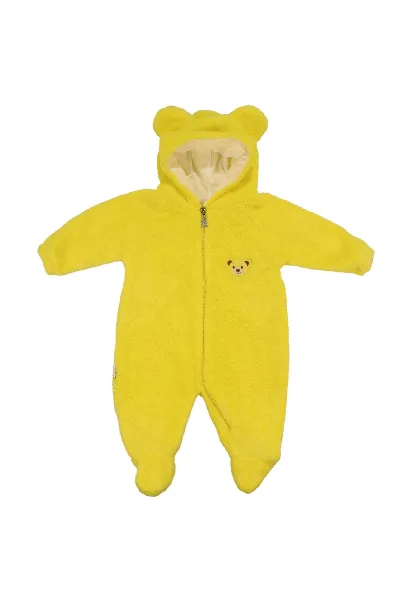 Unisex Sarı Peluş Ayı Nakışlı Patikli Kapşonlu Tulum