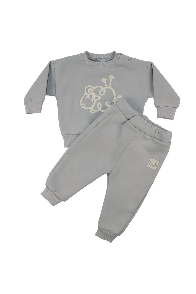 Unisex Gri Kuzu Nakışlı Üç İp İkili Takım