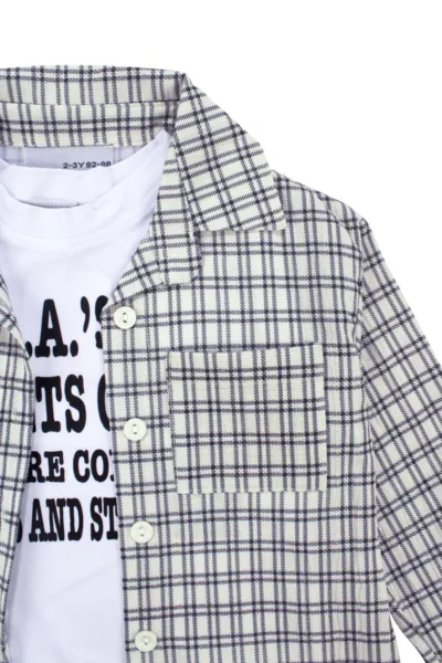 Unisex Ekru Siyah Ekoseli Gömlekli Şortlu 3'lü Takım