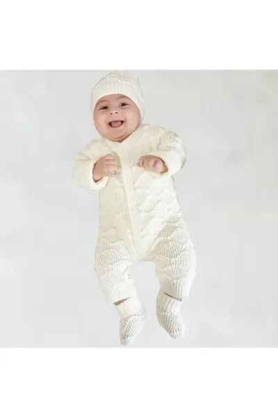 Triko Patikli Bebek Tulum Takım - Krem