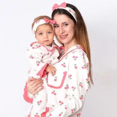 Kadın Anne Ekru Pembe Lale Desenli Fırfırlı Bandanalı Pijama Takımı