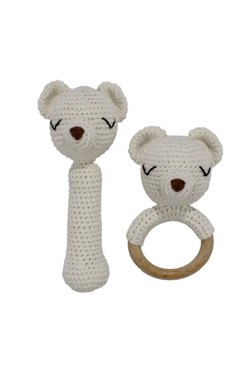 Amigurumi Sevimli Ekru Ayı Diş Kaşıyıcı Çıngıraklı Organik Oyuncak 2'li Set