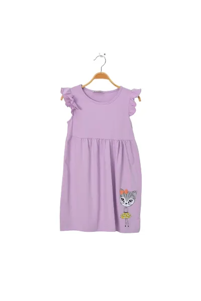 Kız Çocuk Lila Kolları Fırfırlı Kedi Baskılı Elbise