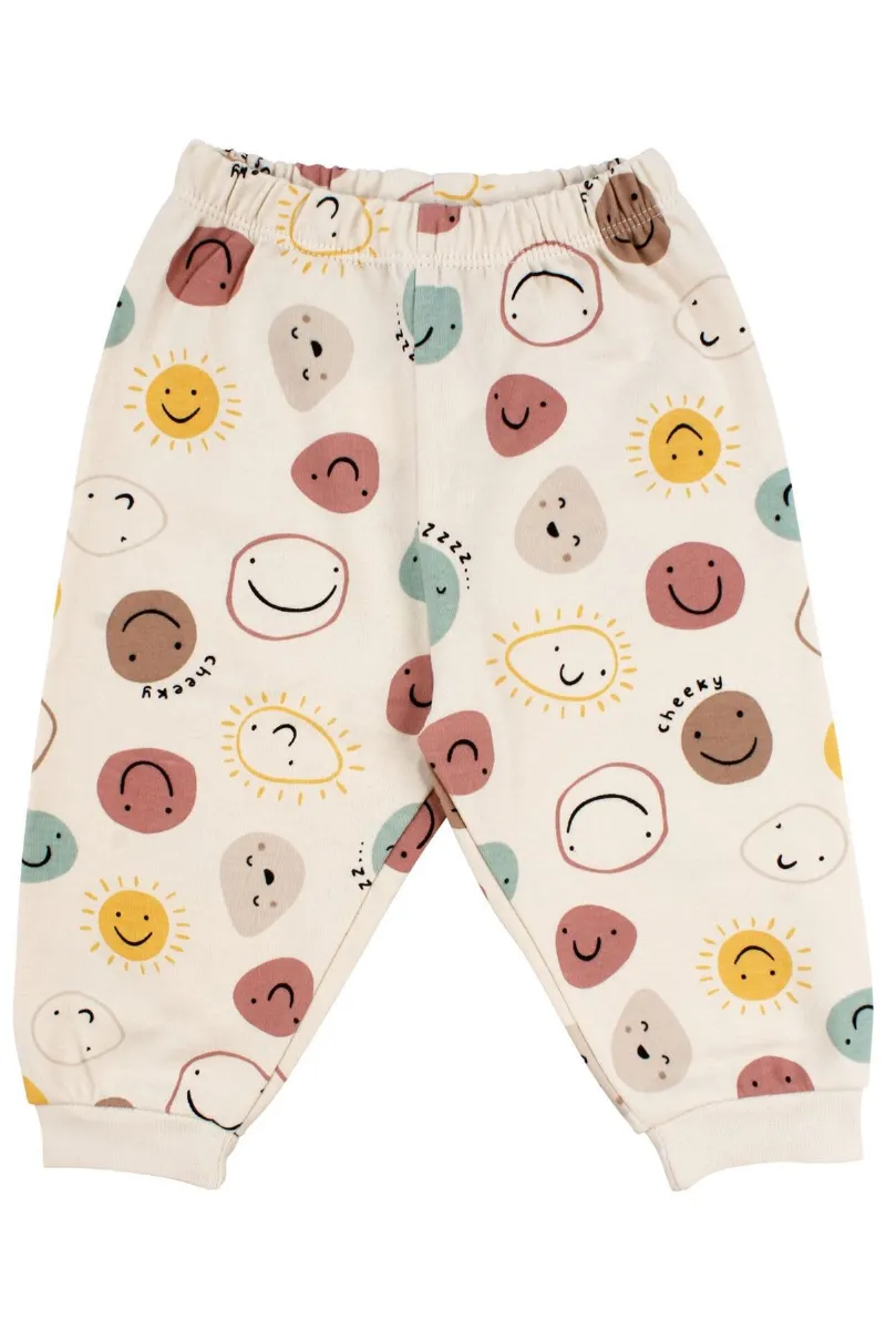 Unisex Bej Renkli Emoji Baskılı Pijama Takımı