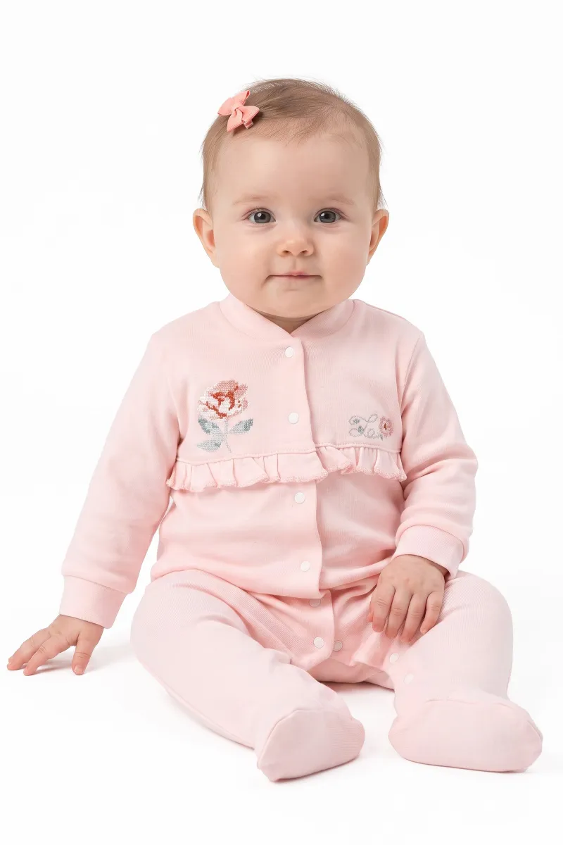 Kız Bebek Ekru Somon Gül Nakışlı Kanaviçe Çıtçıtlı Patikli Tulum