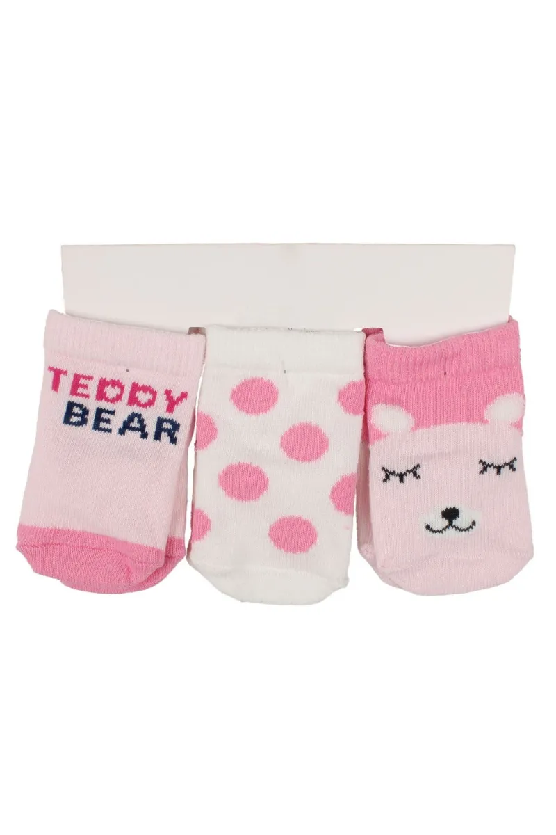Kız Bebek Pembe Teddy Bear Desenli 3'lü Çorap 0-6 Ay