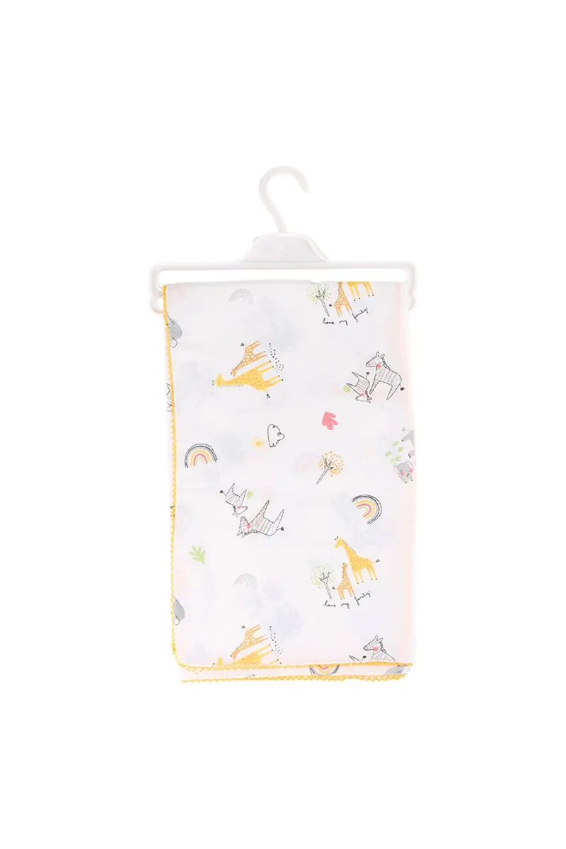 Unisex Bebek Ekru Sarı Yeşil Biyeli Hayvanlı Desenli Müslin Battaniye 80x90