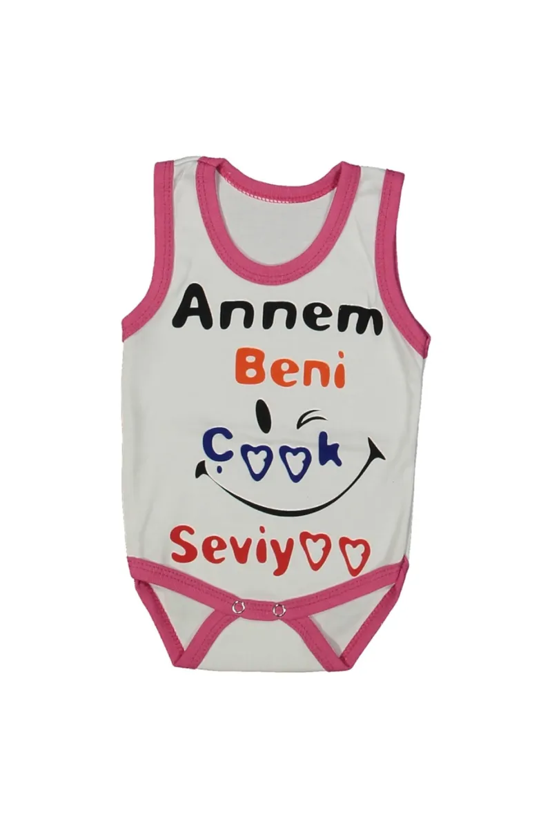 Kız Bebek Beyaz Fuşya Biyeli Annem Beni Seviyor Yazılı Askılı Zıbın