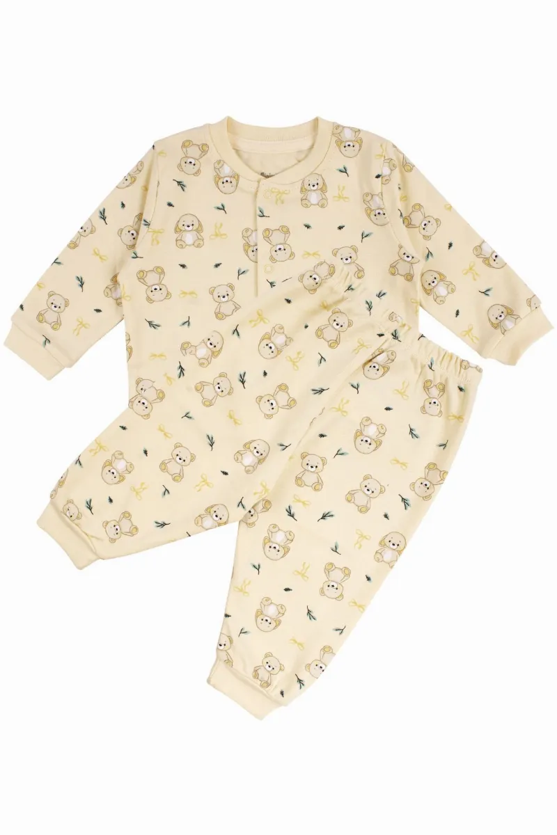 Unisex Sarı Ayıcık Tavşan Baskılı Çıtçıtlı Pijama Takımı
