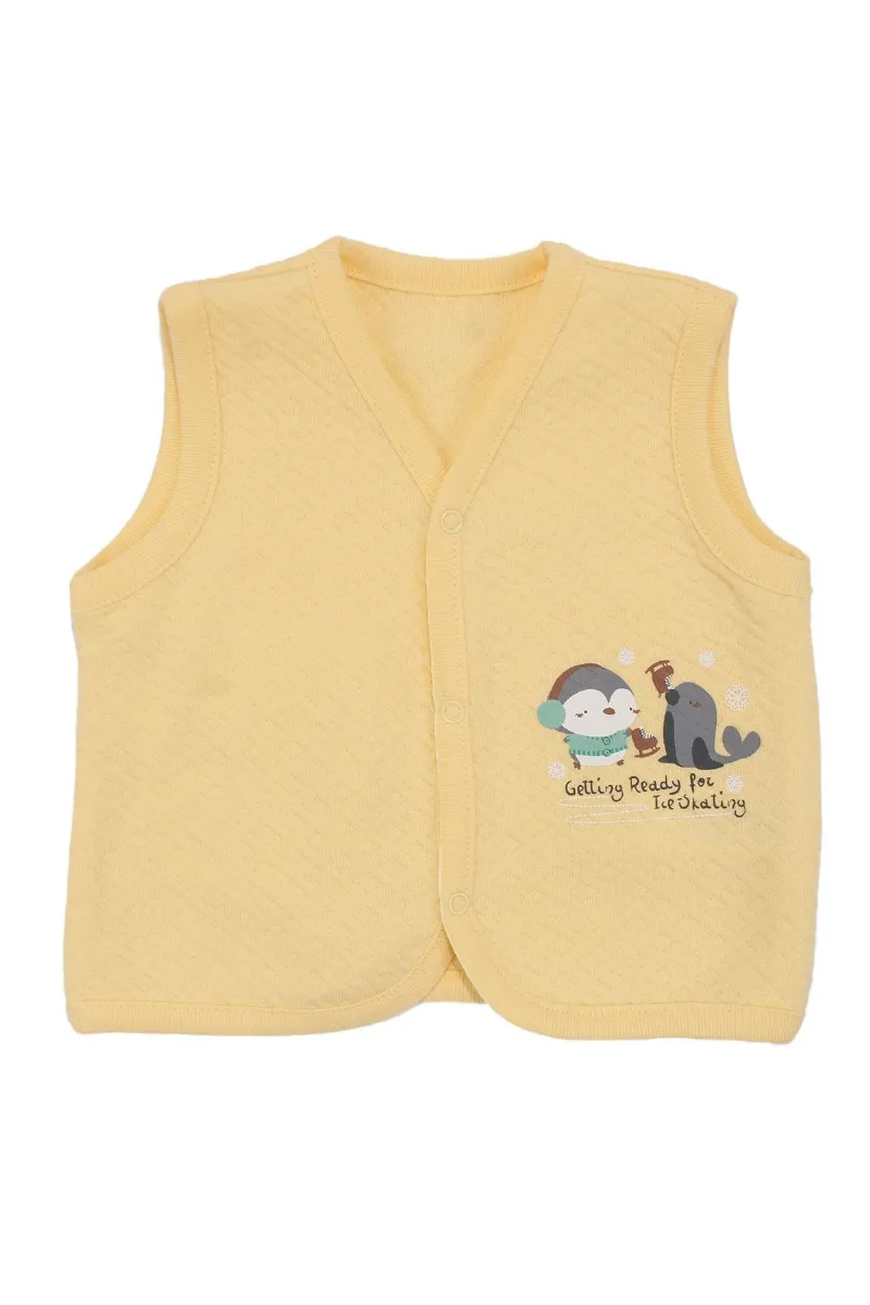 Unisex Bebek Sarı Kapitoneli Penguen Desenli Çıtçıtlı Penye Yelek