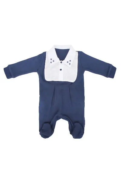 Erkek Bebek Lacivert Yakası Yıldız Nakışlı Patikli Tulum