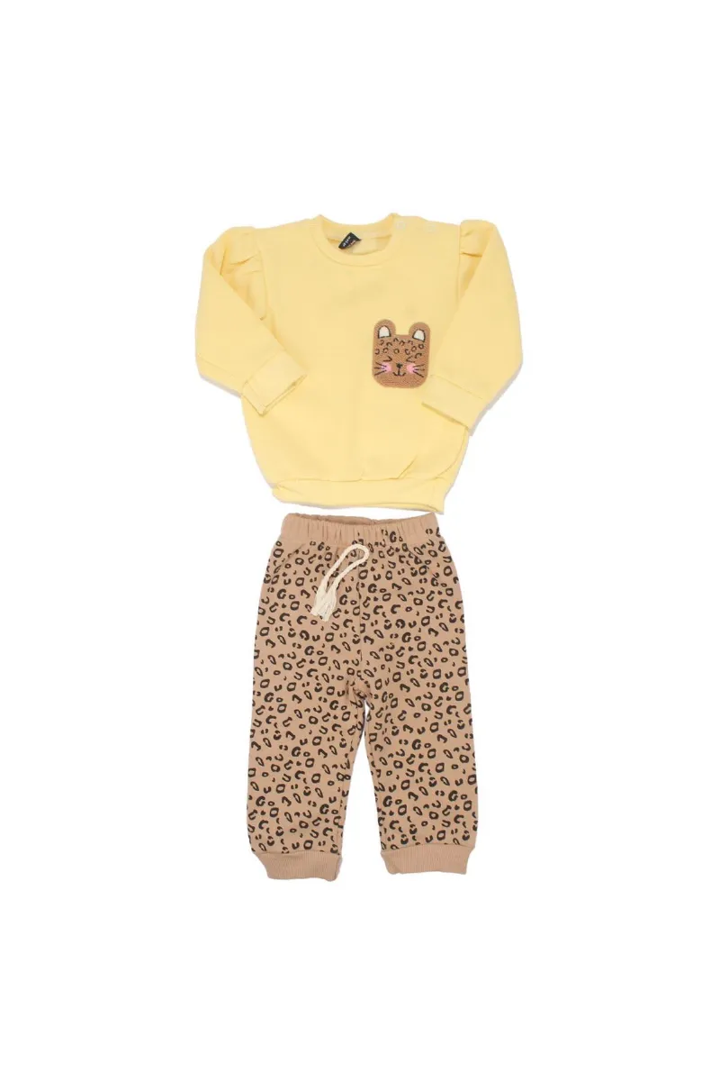 Sarı Kahve Kedi Nakışlı Leopar Desenli 3 İp 2'li Kız Bebek Takım