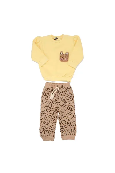 Sarı Kahve Kedi Nakışlı Leopar Desenli 3 İp 2'li Kız Bebek Takım